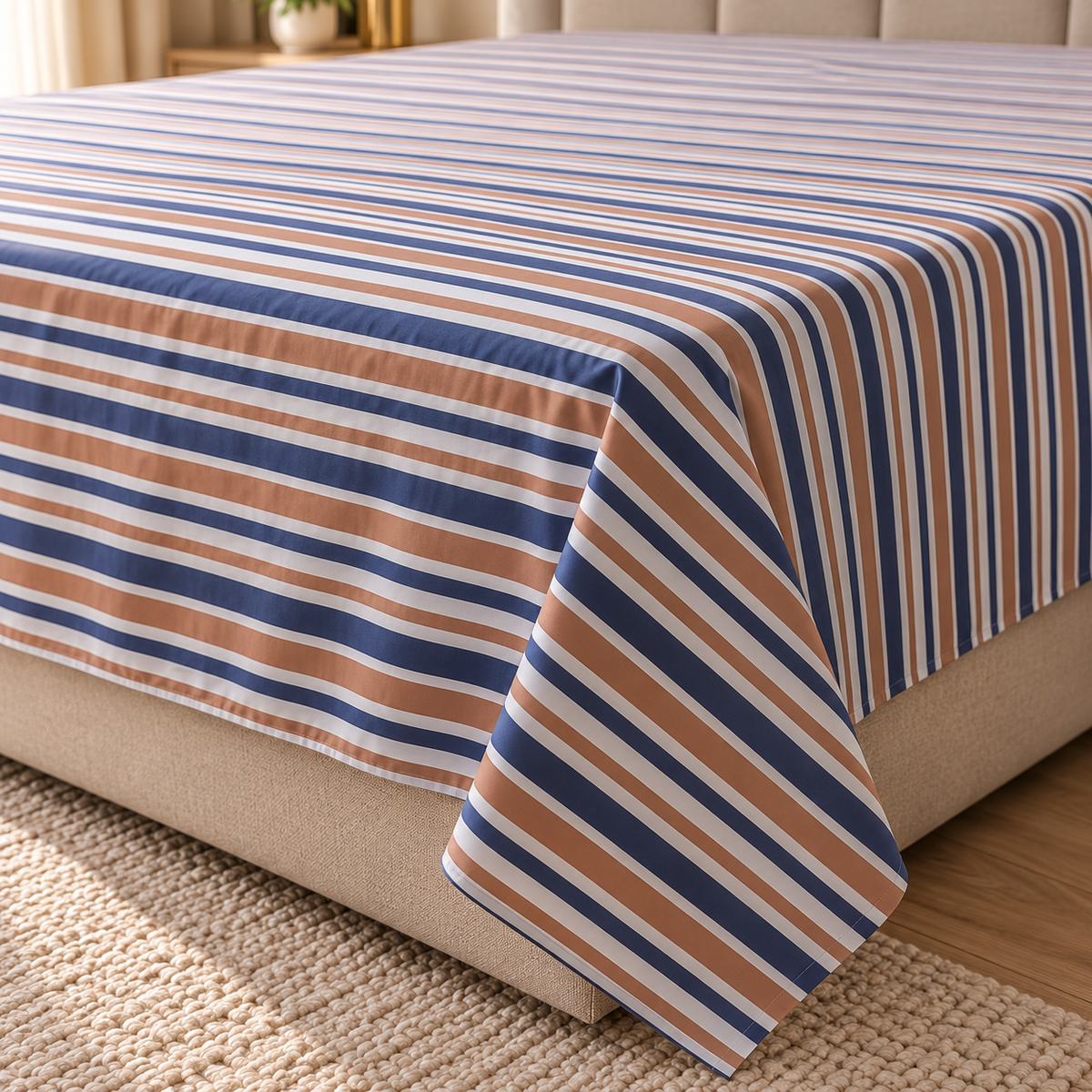 Navy Blue Striped-Cotton Bedsheet