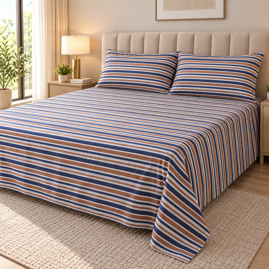 Navy Blue Striped-Cotton Bedsheet